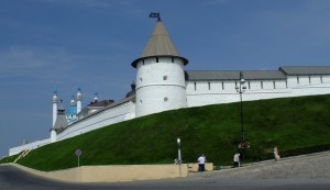 The Kazan Kremlin is built overlooking the Volga River. It was captured in 1552-3 by Ivan the Terrible who detonated gunpowder to breach the wall.