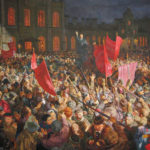 A gigantic painting of Lenin addressing the crowd upon his return to Russia during the Russian Revolution. Note the disaffected bourgeoisie, military officers, and priests in the lower right. The painting hangs in the Museum of Political History.