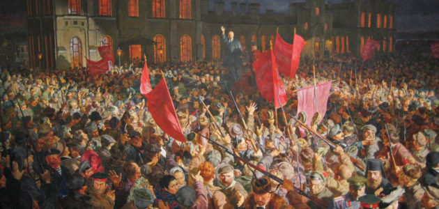 A gigantic painting of Lenin addressing the crowd upon his return to Russia during the Russian Revolution. Note the disaffected bourgeoisie, military officers, and priests in the lower right. The painting hangs in the Museum of Political History.